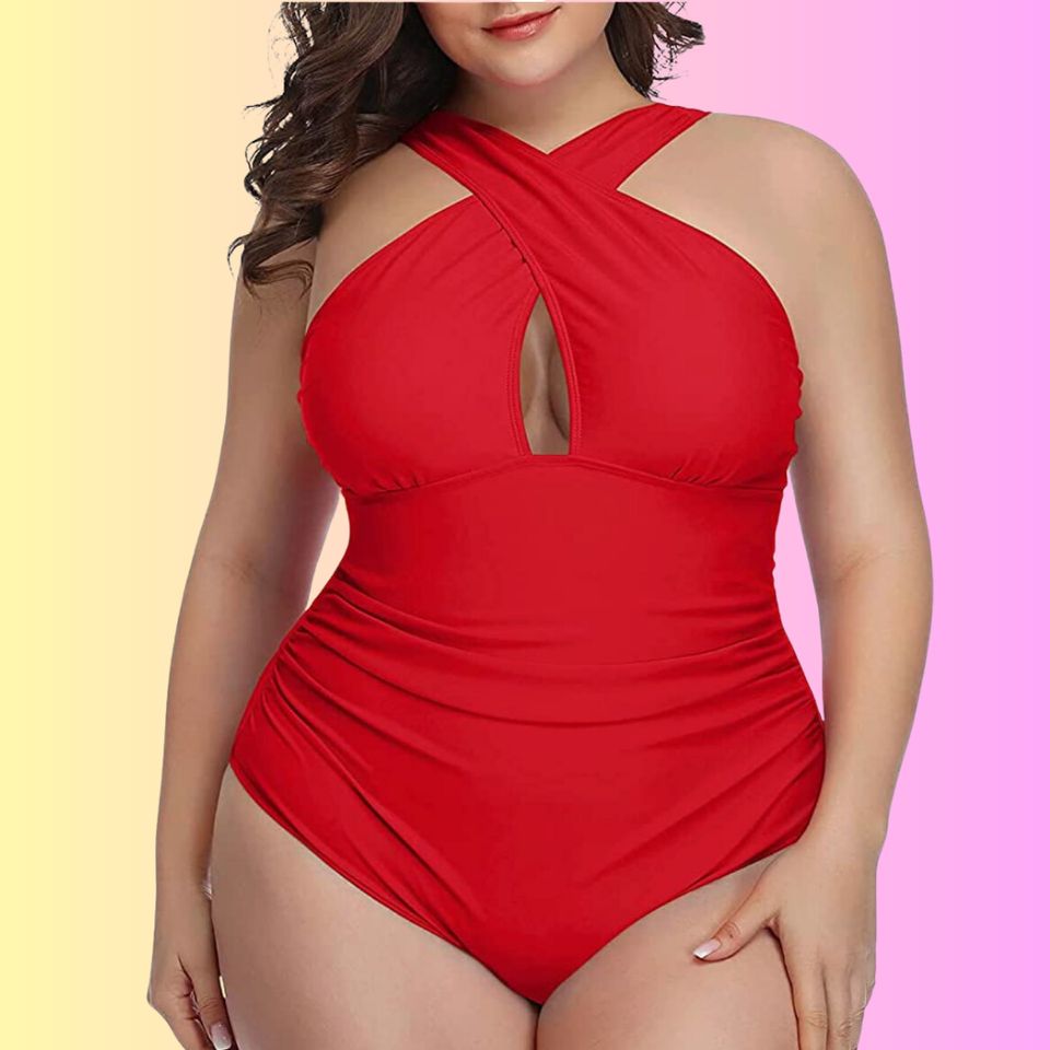 A sexy one-piece with a front cross neckline and keyhole