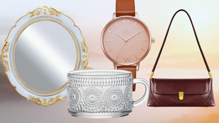 A gold decorative mirror, vintage-inspired glass mug, chic minimalist watch and a sleek retro-style purse.