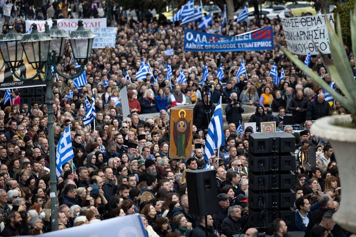 Protesters gather during a rally against same-sex marriage, at central Syntagma square, in Athens, Greece, on Feb. 11, 2024. More than 1,500 protesters have gathered in central Athens to oppose legislation that would legalize same-sex marriage in Greece. 