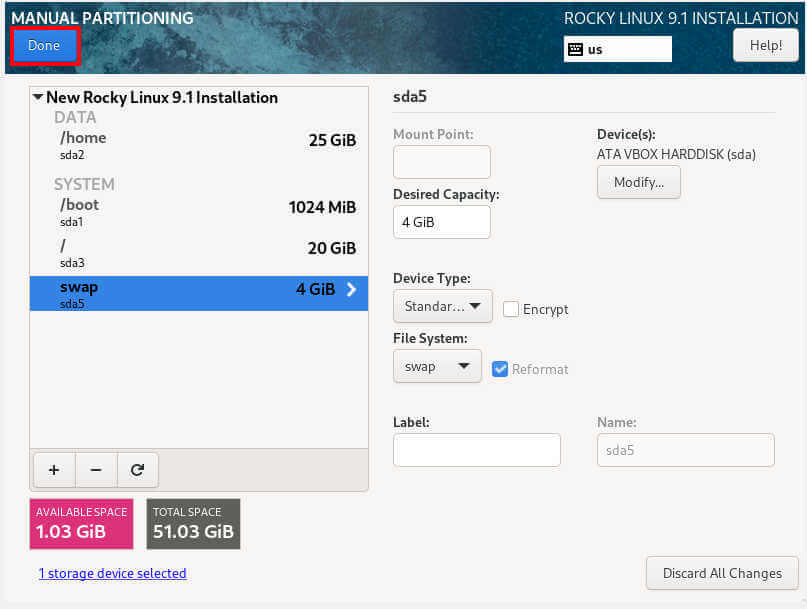 Rocky Linux Partition Table