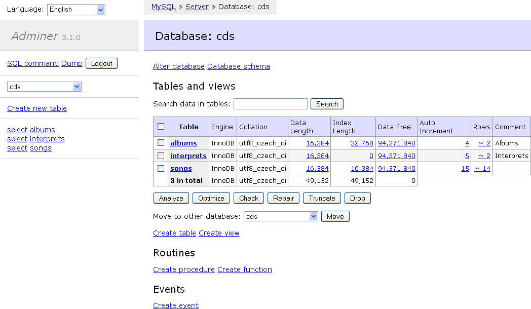 Adminer Manage Content in Database