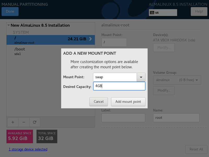 AlmaLinux Create Swap Partition