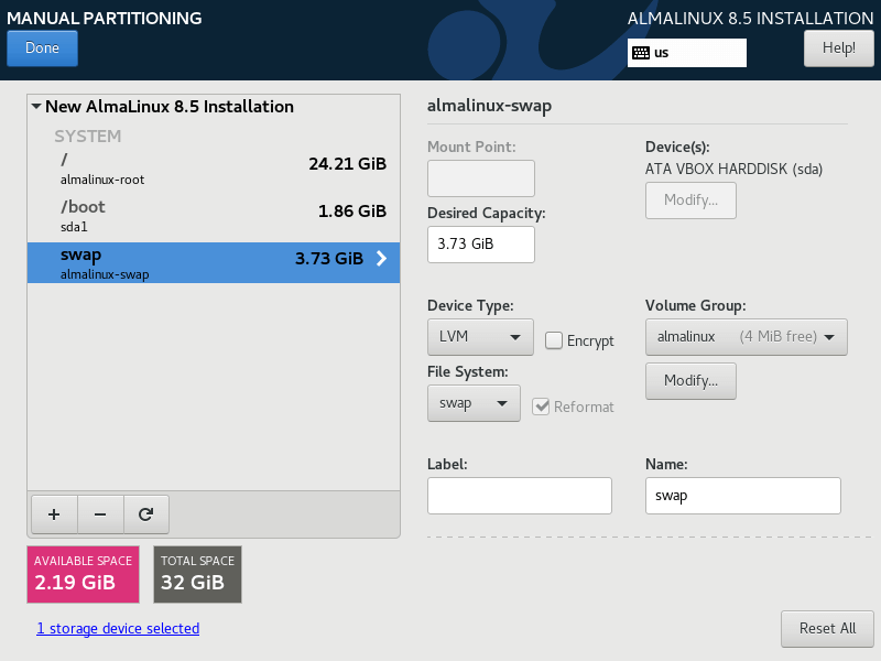 AlmaLinux Manual Partitioning Table