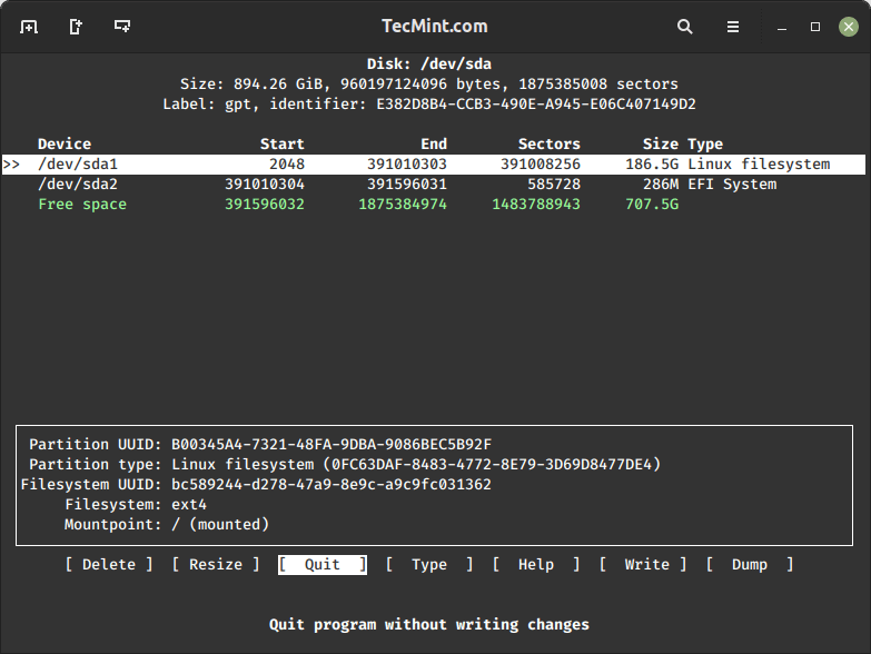 cfdisk – Print Linux Disk Partition Table