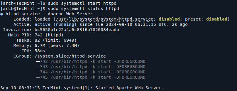 Check Apache Status on Arch Linux