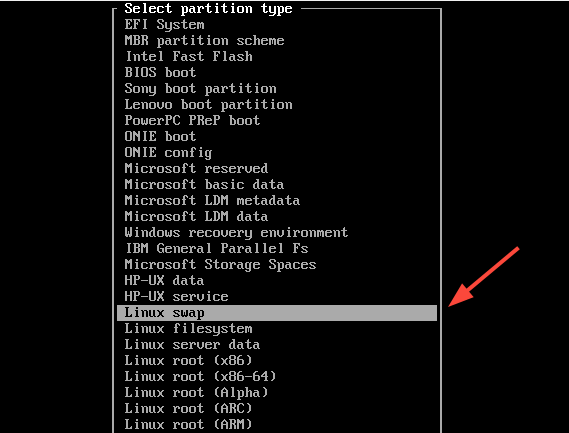 Choose Linux Swap Option