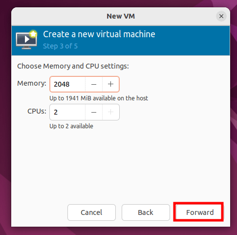 Choose VM Memory and CPU Settings