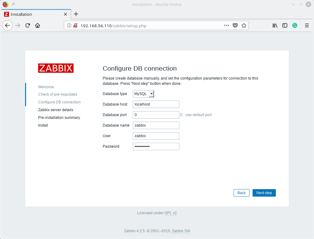 Zabbix Database Settings