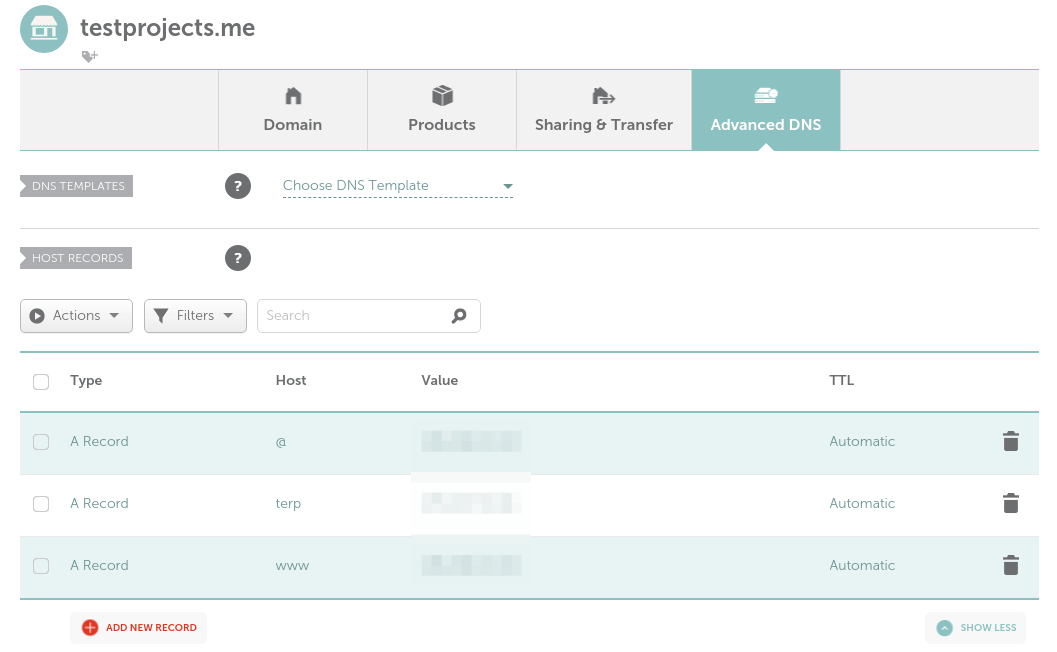 Set Domain A Record for Yii Application