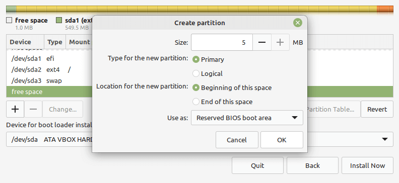 Create Reserved BIOS Boot Partition