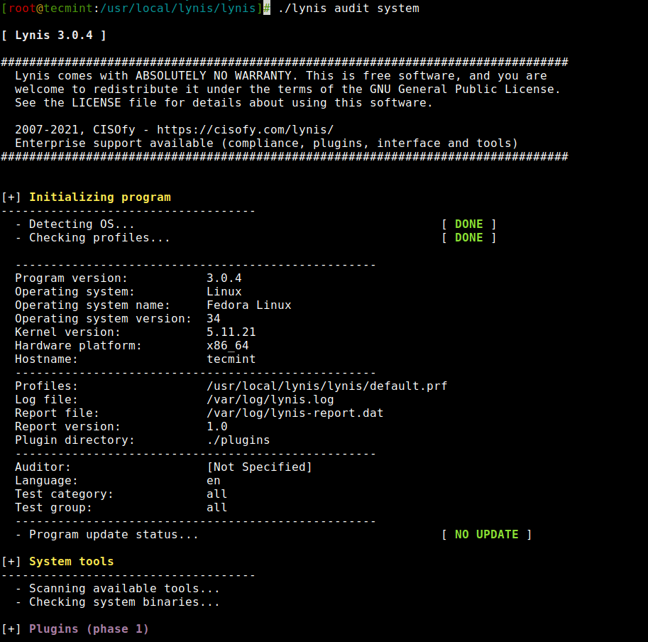 Linux System Auditing usinig Lynis