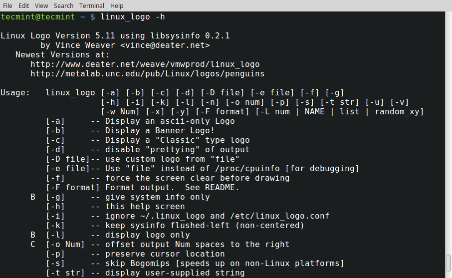 Linuxlogo Options and Help