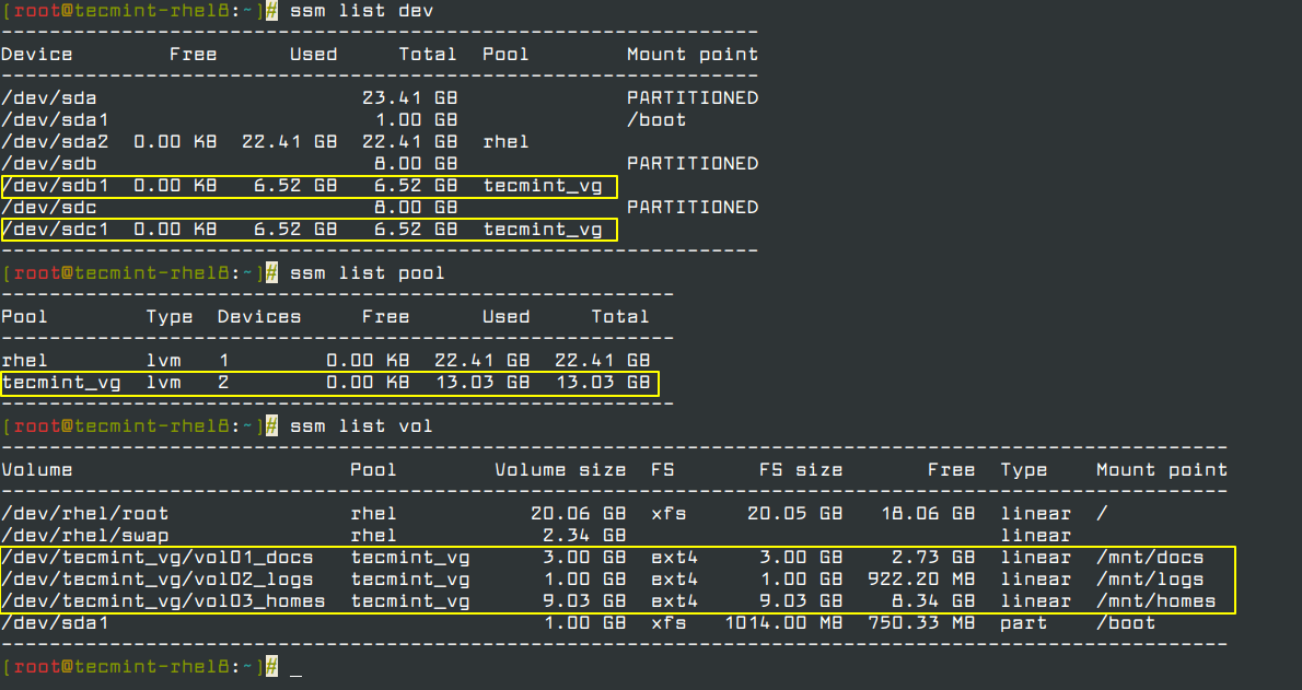 Listing LVM information using ssm