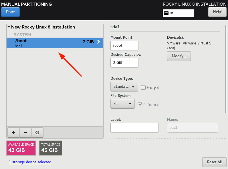 Rocky Linux Boot Partition Created