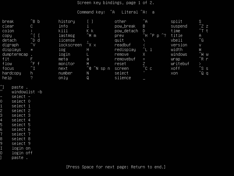 Screen Terminal Key Bindings