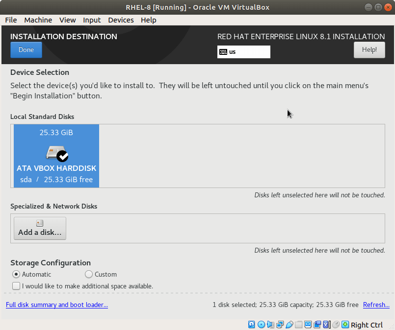 Select Automatic RHEL 8 Partitioning