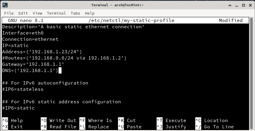 Set Static IP Address in Arch Linux