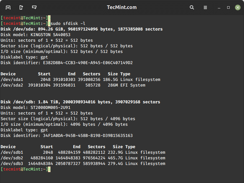 sfdisk – Check Linux Disk Partition Table