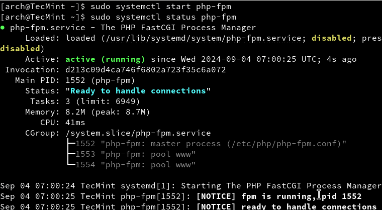 Start PHP in Arch Linux