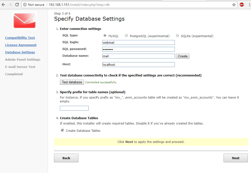 WebMail Database Settings