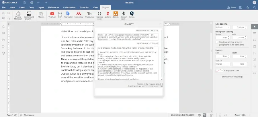 Conversation with ChatGPT in ONLYOFFICE Docs